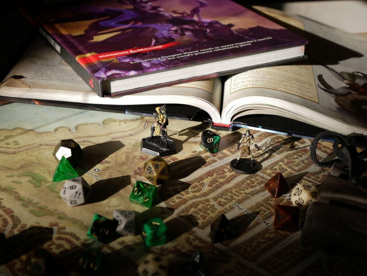 Dice and tabletop RPG game setup at a Texas gaming convention