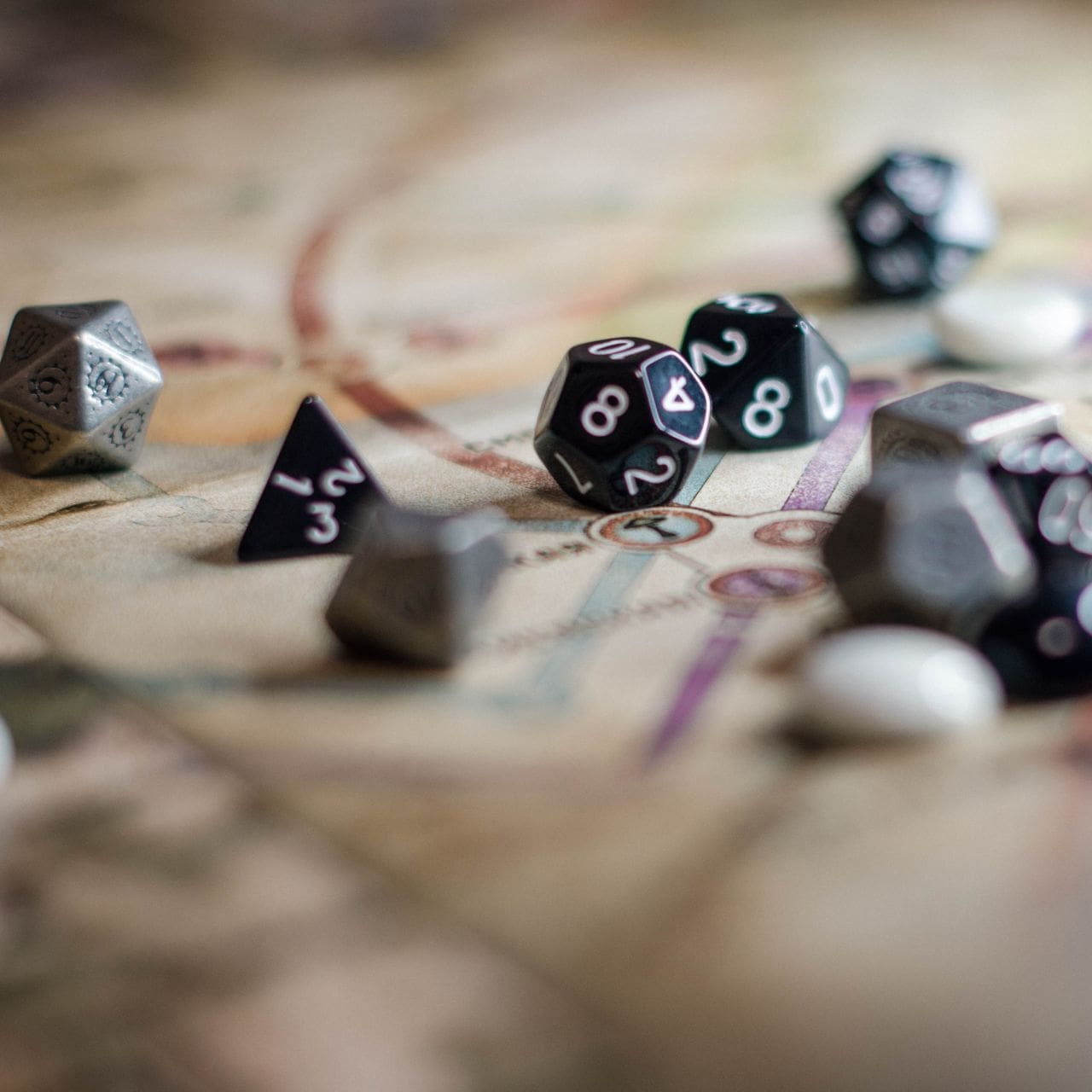 Miniature figures and dice for tabletop wargaming at a Texas convention